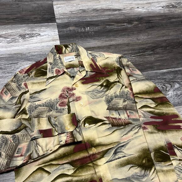 Vintage 70s Damon Multicolor Mens M Countryside Print Hawaiian‎ Button Up Shirt - Picture 1 of 7